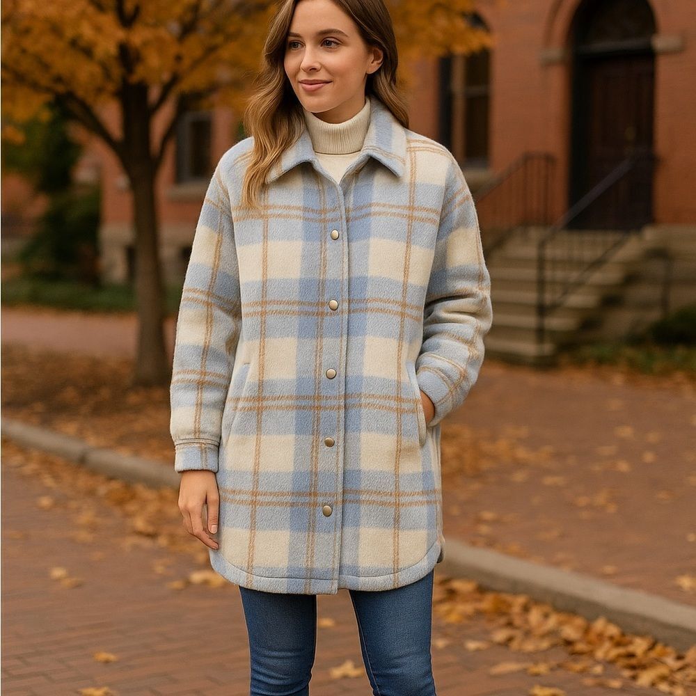 7 for all mankind plaid brushed snap button longline jacket. Sz S